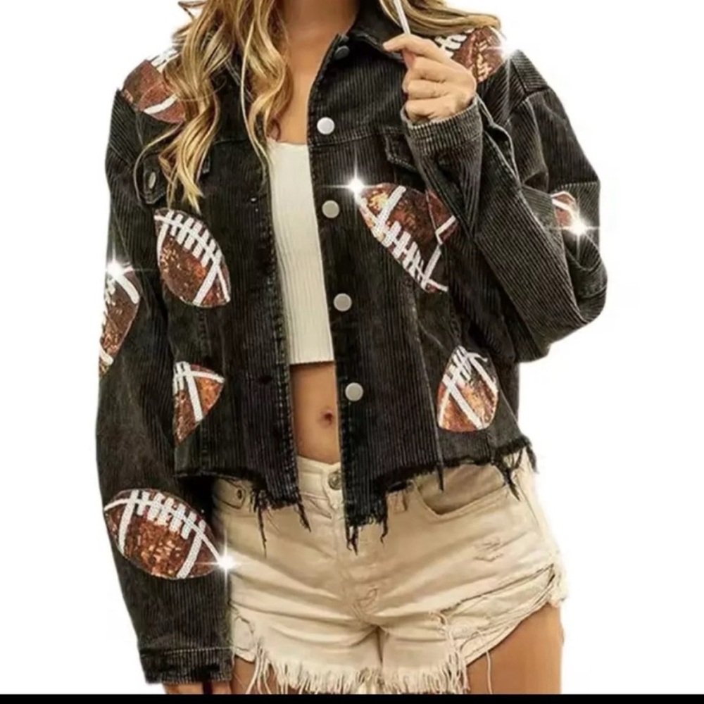 Live Love Gameday Black Corduroy Jacket with Sequin Football Patches